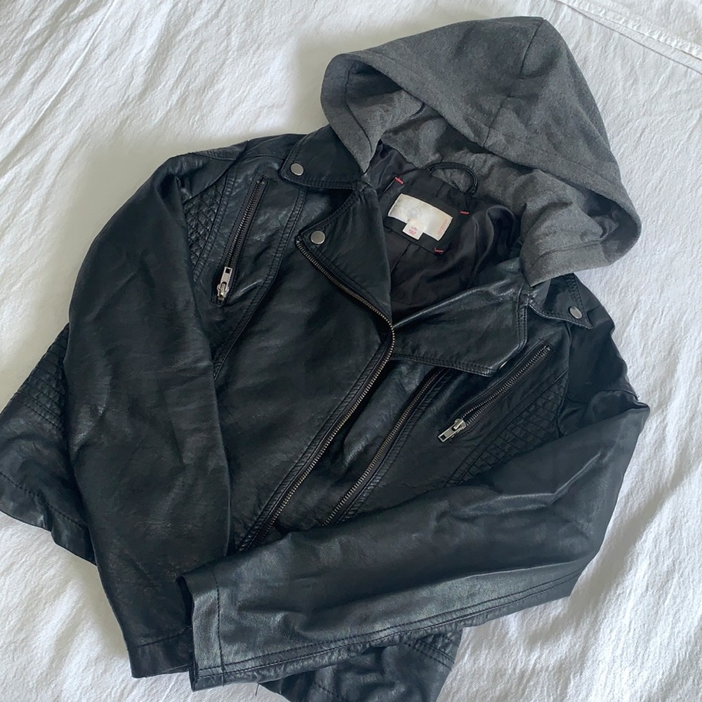 Leather jacket with hoodie